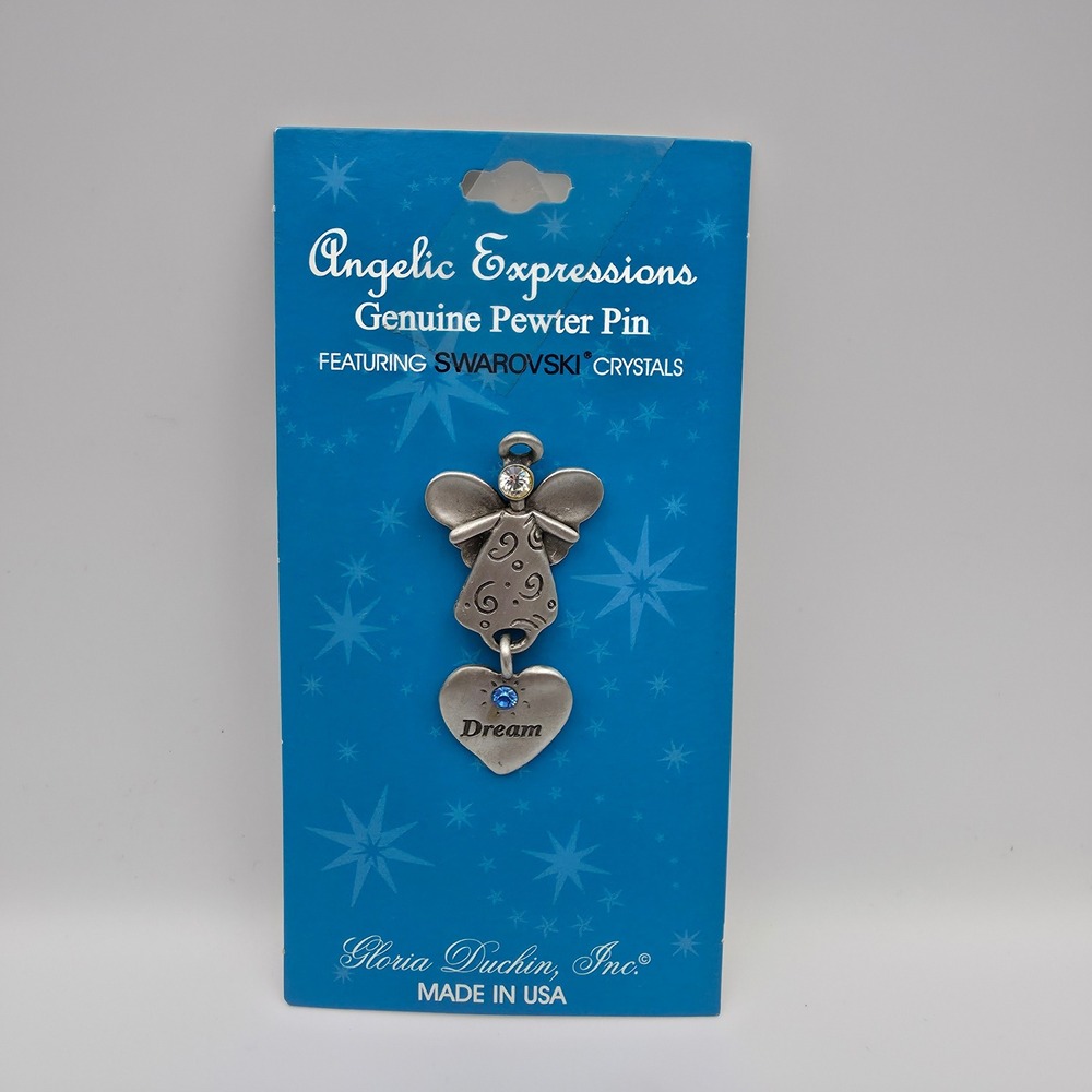 Gloria Duchin Angelic Expressions Pewter Angel Dream Heart Pin Swarovski Crystal